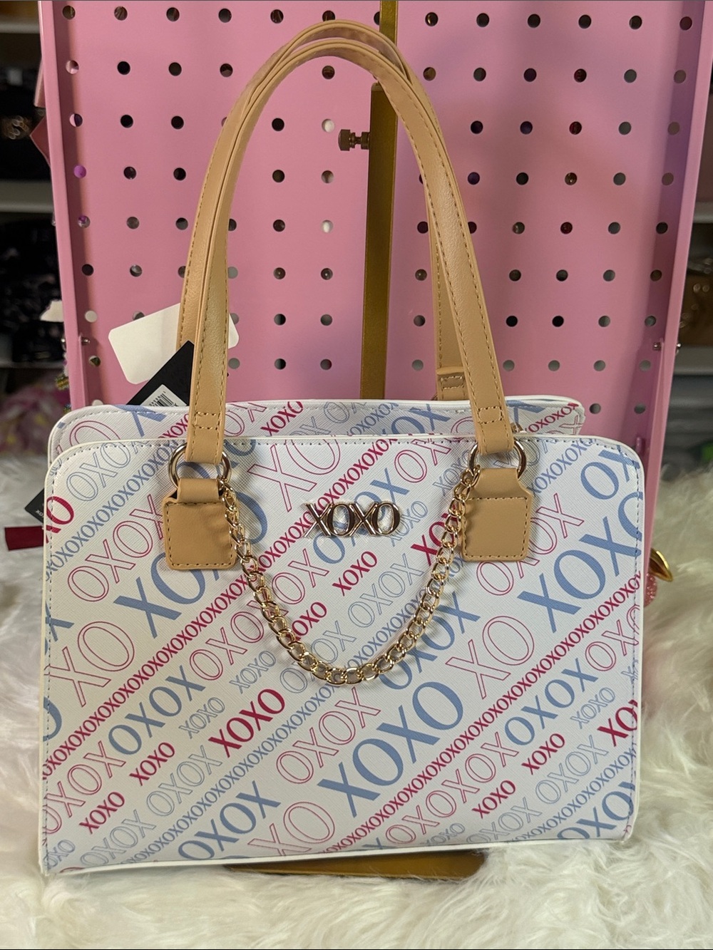 XOXO White Satchel with Red & Blue Logo Print and Tan Handles
